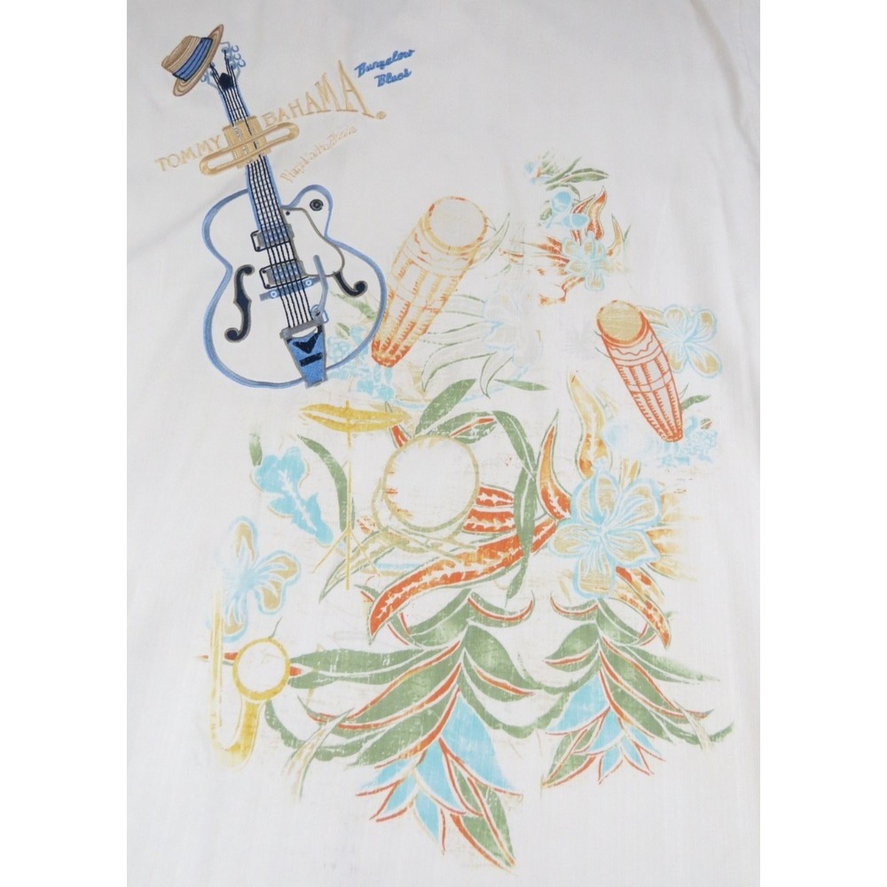 Tommy Bahama Bungalow Beach XL Silk Camp Shirt Beige Floral Guitar Drum Aloha Me